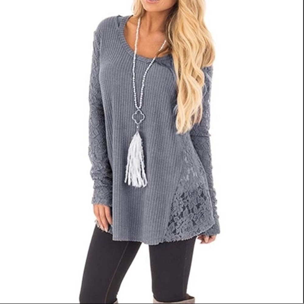 Super cute woman top lace Stitching knitted - Picture 2 of 6